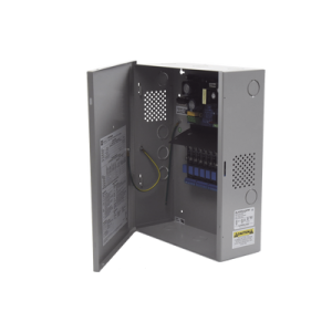 Fuente para aplicaciones en control de acceso, y detección de incendio, con capacidad de respaldo para 12 y 24 Vcd @ 4 A , con 8 circuitos de control ( NO ) y 8 circuitos de control trigger voltaje de entrada de : 115 Vca, requiere batería.