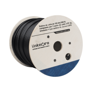 Bobina de cable de 152 m ( 500 ft ) compuesto por 2 pares de cable UTP 5e , blindado + 1 par calibre 16 ; Jacket LDPE ( Cable 100% Cobre )
