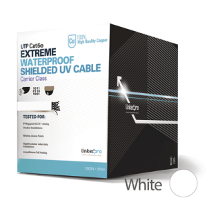 Bobina de cable de 305 m, Cat5e, para intemperie, blindado UV, color blanco, UL, para aplicaciones en CCTV, redes de datos.