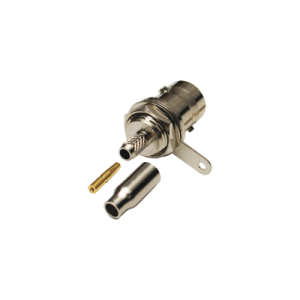 Conector BNC Hembra a 50 Ohm, Montaje Frontal en D-Plano, Anillo Plegable para Cables RG-174/U y RG-316/U, Niquel/ Oro/ Teflón.