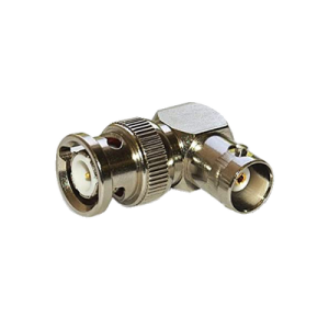 Adaptador en Ángulo Recto, de Conector BNC Macho a BNC Hembra, 50 Ohm (Monitor), Níquel/ Plata/ Teflón.