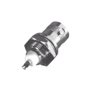 Conector BNC Hembra para Chasis, Montaje Frontal, Soldable, D-Plano, Troquelado, Niquel/ Oro/ Delrin.