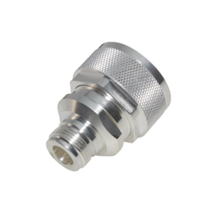 Adaptador en Línea de Conector DIN 7-16 Macho a N Hembra, Plata/ Plata/ Teflón.