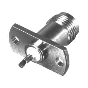 Conector TNC Hembra para Chasis de 2 Perforaciones de 18 mm, Terminal Soldable, Níquel/ Oro/ Teflón.