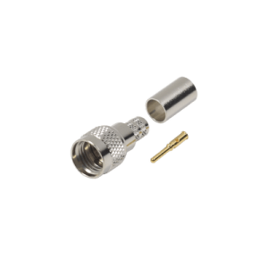 Conector Mini-UHF Macho, 50 Ohm de Anillo Plegable para  LMR-240, RG-8/X, 9258, Niquel/ Oro/ Delrin.