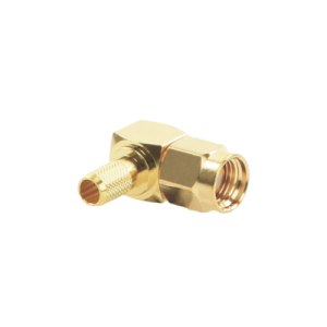 Conector SMA Macho Inverso en Ángulo Recto de Anillo Plegable para Cables RG-58/U, RG-142/U, Oro/ Oro/ Teflón.