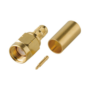 Conector SMA Macho en línea tipo Rosca Izquierda, de Anillo Plegable para Cable RG-142/U y Grupo C1, Oro/ Oro/ Teflón.