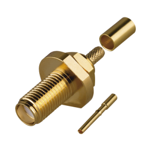 Conector SMA Hembra de Rosca Izquierda, Montaje Frontal en Panel para Cables del Gurpo B, Oro/ Oro/ Teflón.