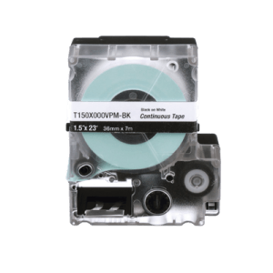 Casete de Etiquetas de Vinilo de Cinta Continua, Color Negro Sobre Blanco, Uso Interior/Exterior, 36 mm (1.5 in) de Ancho x 7.6 Metros de Largo