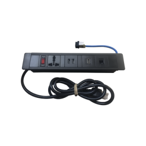 Hub para escritorio color negro,  con 1 Puerto HDMI Hembra-Hembra, 1 Conector RJ45 Cat6, 2 Puertos USB 5V DC /2 A, y 1 Contacto eléctrico universal