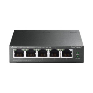Switch PoE no Administrable de escritorio 5 puertos 10/100 Mbps, 4 puertos PoE, 41 W, modo extensor PoE hasta 250 metros.