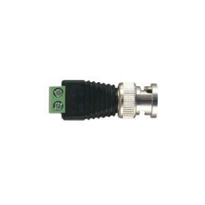 Adaptador de conector BNC macho a 2 terminales-tornillo para cables AWG-26-14, en aplicaciones CCTV, Níquel/ Oro/  PTFE y PVC.