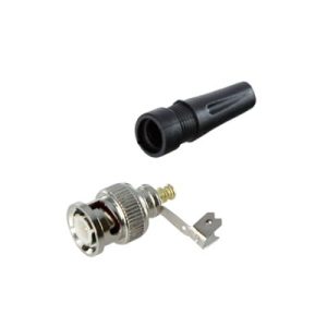 Conector BNC macho en 75 Ohm, para cable coaxial RG-59/ RG-6 con base de alivio negra de PVC.