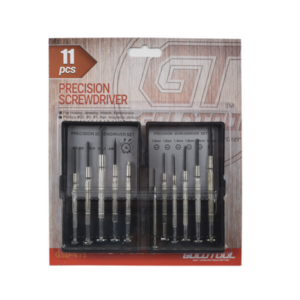 Juego de 11 Mini-desarmadores de Precisión; 6-Planos, 3-Phillips, 1-Punzón y 1-Magneto, almacenados en estuche de plástico.