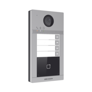 Videoportero IP (IP65 + IK08) con Llamada y apertura desde APP Hik-Connect / Soporta 4 Departamentos / PoE Estandar / Interfaz WEB para configuración / 2 puertas