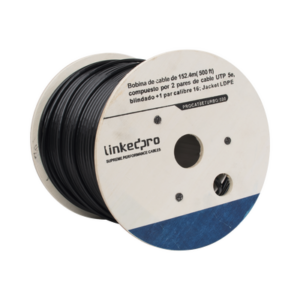 Bobina de cable de 152 m ( 500 ft ) compuesto por 2 pares de cable UTP 5e , blindado + 1 par calibre 16 ; Jacket LDPE ( Cable 100% Cobre )