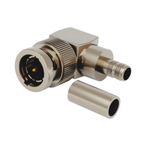 Conector BNC Macho en Ángulo Recto para 75 Ohm, Anillo Plegable para COMMSCOPE 735 ó Grupo K, Níquel/ Oro/ Teflón.