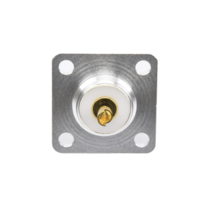 Conector UHF Hembra (SO-239) para Montaje de Chasis con 4 Hoyos a 18 mm, Terminal Soldable, Plata/ Oro/ Teflón.