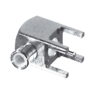 Conector MCX Macho en Ángulo Recto para Montaje en PCB con Terminal y 4 Patas, Oro/ Oro/ Teflón.