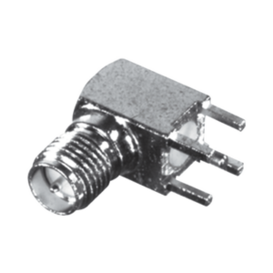 Conector SMA Hembra Inverso en Ángulo Recto con PIN Terminal y 4 Patas para Montaje PCB Coaxial, Oro/ Oro/ Teflón.