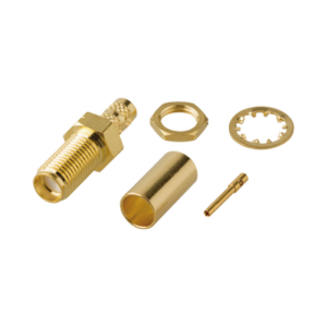 Conector SMA Hembra Rosca Izquierda para Panel, de Anillo Plegable para LMR-195, Grupo C, Oro/ Oro/ Teflón.