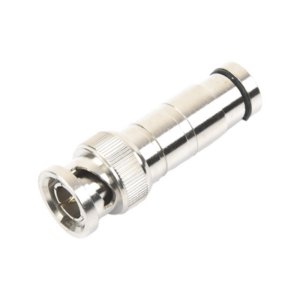 Conector BNC Macho en 75 Ohm, de Compresión Axial para Cable Coaxial RG-59/U, Níquel/ Oro/ Politetrafluoroetileno.