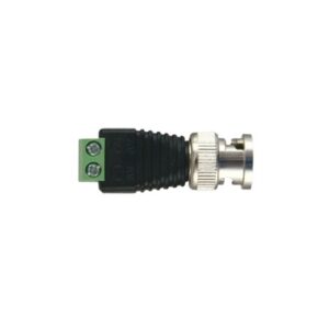 Adaptador de conector BNC macho a 2 terminales-tornillo para cables AWG-26-14, en aplicaciones CCTV, Níquel/ Oro/ PTFE y PVC.