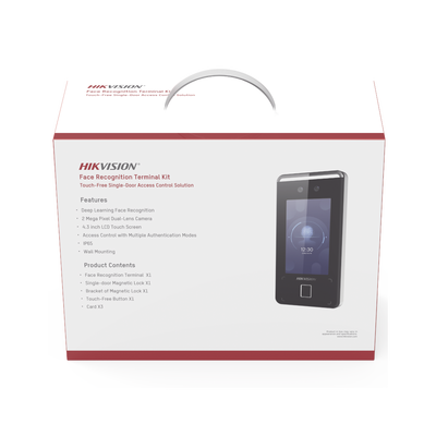 Kit de Control de Acceso TODO INCLUIDO con Lector de Rostros, QRs , Tarjetas y Huellas compatible con App HIKConnect / Videoportero / Incluye Electroimán Botón de Salida y Montajes Z y L para imán