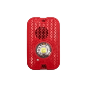 Sirena con Lámpara LED Estroboscópica / a 2 Hilos / Montaje en Pared / 12 o 24 Vcd / Configuración Estroboscópica Seleccionable / Texto en Inglés / Color Rojo