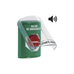 Botón de Salida de Emergencia en Español con Tapa Protectora de Policarbonato Súper Resistente, Acción Mantenida, Girar para Restablecer y Sirena