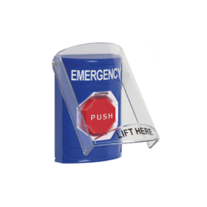 Botón de Emergencia en Ingles con Tapa Protectora de Policarbonato Súper Resistente, Restablecimiento con Llave y Sirena