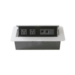 Caja horizontal de escritorio, con conector RJ45 Cat5e, RJ11, 2 contactos de 125v (11000-73201)