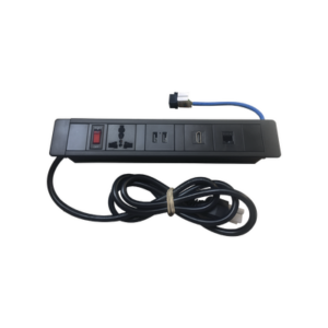 Hub para escritorio color negro, con 1 Puerto HDMI Hembra-Hembra, 1 Conector RJ45 Cat6, 2 Puertos USB 5V DC /2 A, y 1 Contacto eléctrico universal