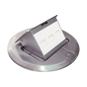 Mini caja de piso redonda para datos o conectores tipo Keystone, Color acero inoxidable (3 contactos) (11000-12202)