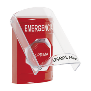 Botón Rojo de Emergencia en Español con Tapa Protectora de Policarbonato Súper Resistente, Acción Mantenida, Girar para Restablecer