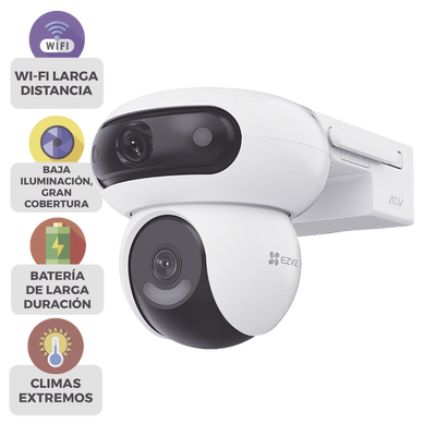 Cámara de Seguridad Dual 4G LTE + WiFi 6 / 4MP + 4MP Dual Lente / 360° Panorámica + 35m Visión Nocturna / Detección IA Humano-Vehiculo / Seguimiento Automático / Almacenamiento MicroSD 512GB + Nube / Resistente a Int